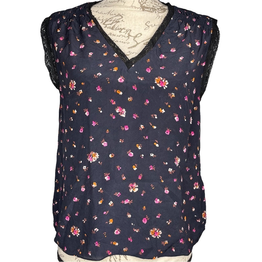 rebecca taylor silk shirt navy dainty floral lace short sleeve blouse size 6